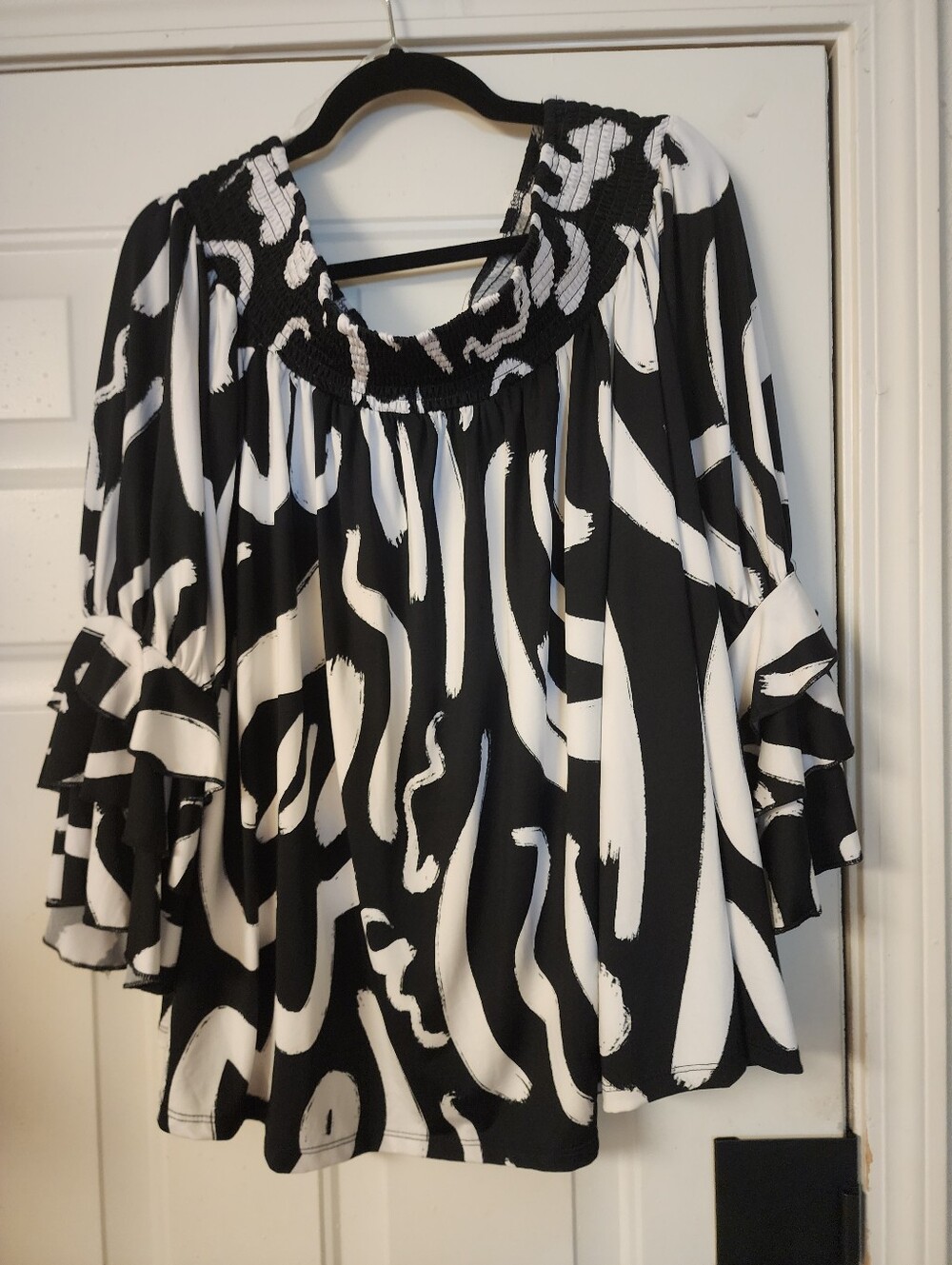 Ashley Stewart Black & White Smocked Neck Hang Off Shoulder